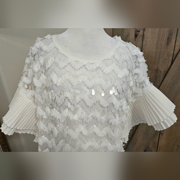 WHY DRESS Elegant SequinTextured Blouse w/Pleated Accordian Sleeves White. M NWT - Picture 8 of 15